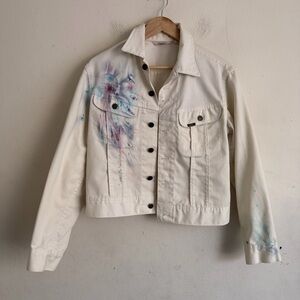 Vintage Lee Riders Hand Painted Denim Jacket White Artsy Boho Watercolor OOAK